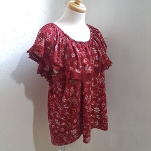 Lilly Morgan | Red cottagecore style floral with lace trim shirt